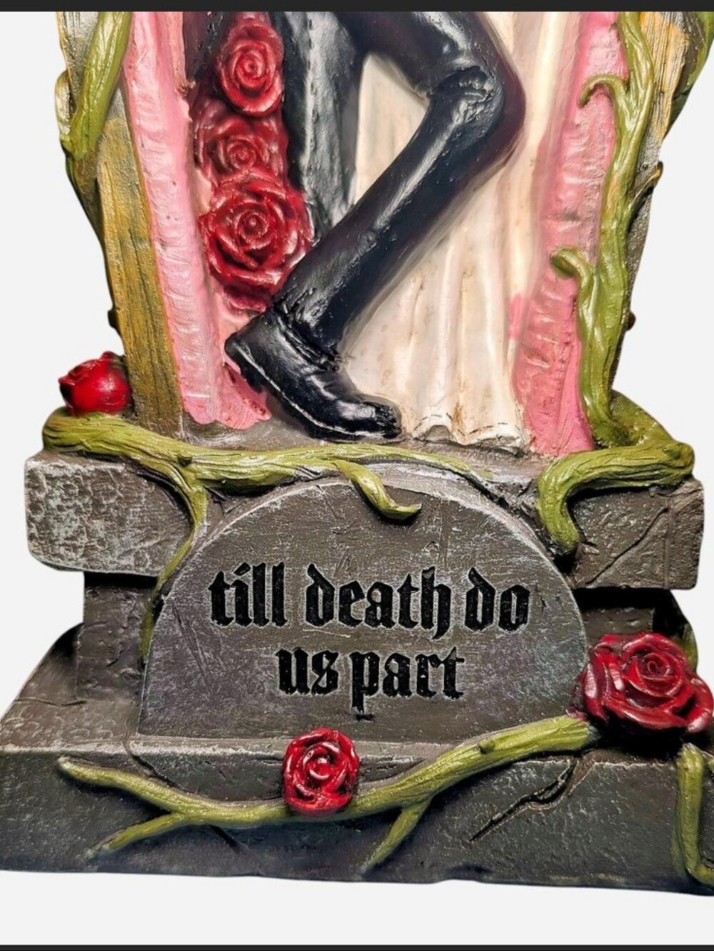 Till Death Do Us Part Skeleton Couple Tombstone Sculpture - Pink & Black - Picture 5 of 6